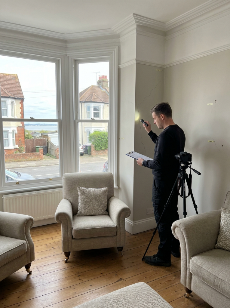Party Wall surveyor in Leigh-on-Sea inspecting the shared party wall within a domestic loft space.