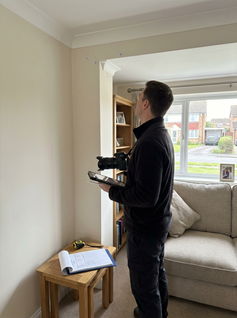 Party Wall surveyor in Rayleigh carrying out a schedule of condition inspection inside a residential property