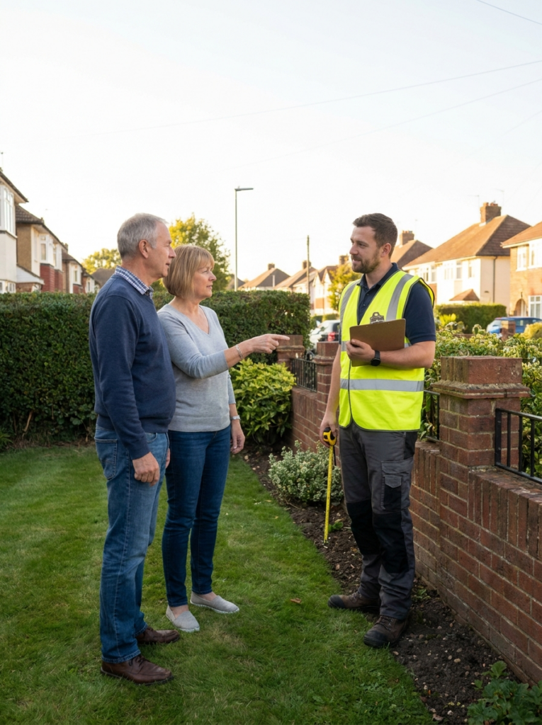 Party Wall surveyor in Southend-on-Sea discussing Party Wall matters calmly with neighbouring owners.