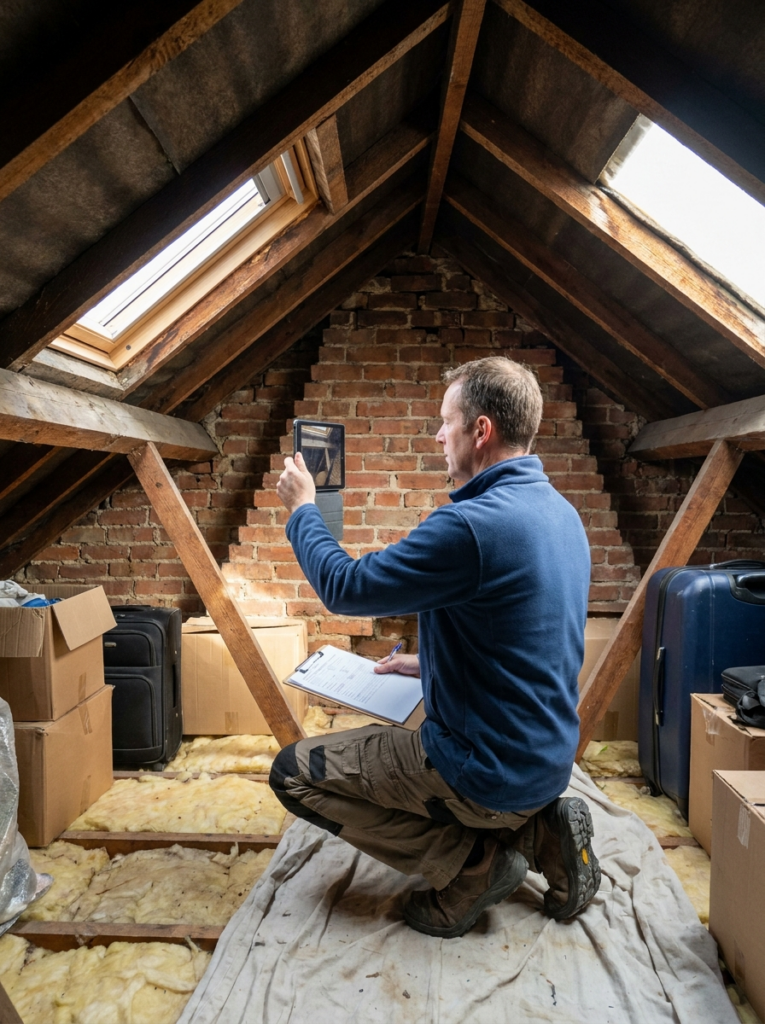 Party Wall surveyor in Stanford-le-Hope inspecting the shared party wall within a domestic loft space