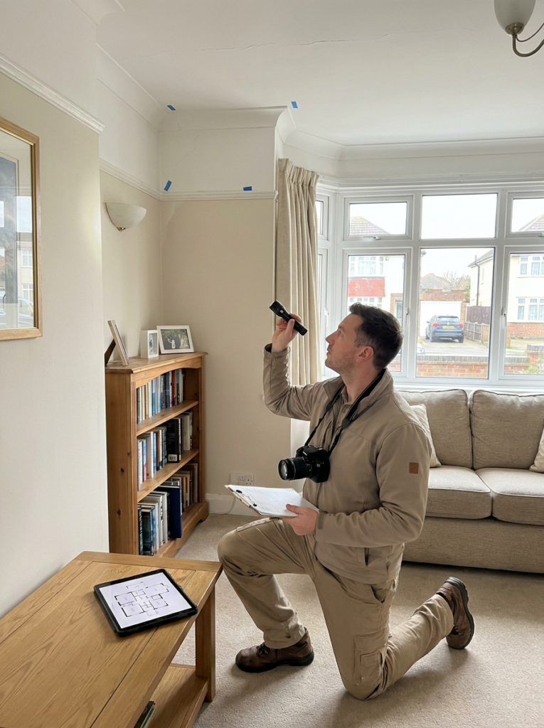Party Wall surveyor in Stanford-le-Hope carrying out a schedule of condition inspection inside a residential property.