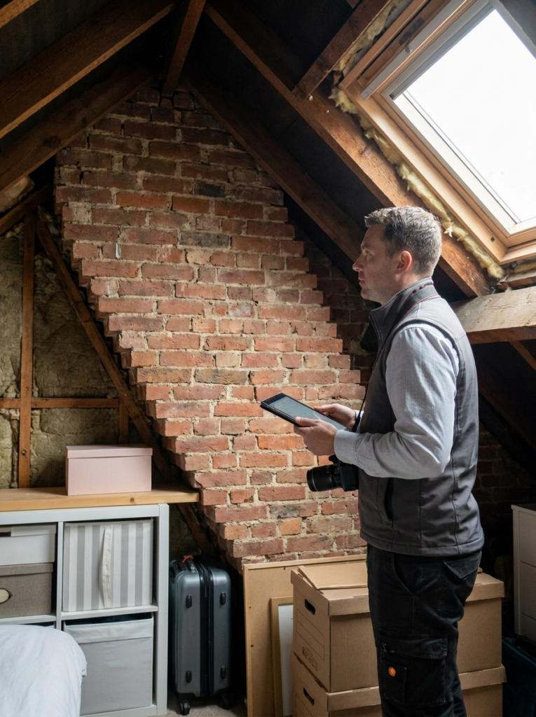 Party Wall surveyor in Wickford inspecting the shared party wall within a domestic loft space.