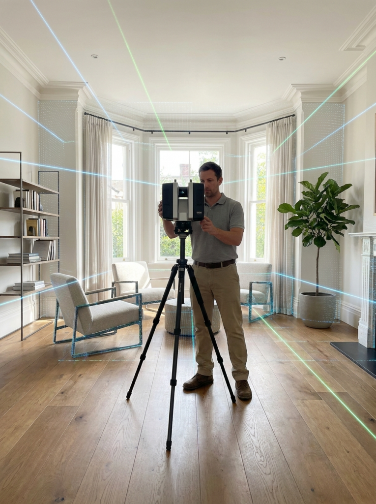 Rayleigh Architect carrying out a LiDAR measured survey inside a residential property