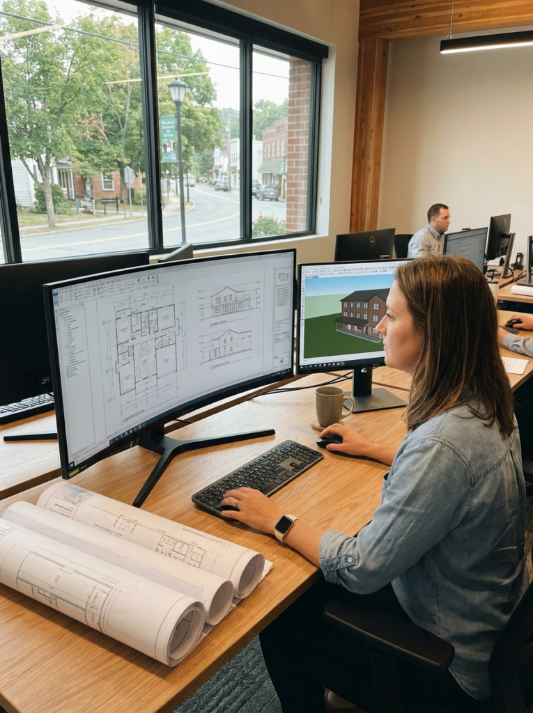 CAD design services in Rayleigh with professional floor plans and elevation drawings in progress.