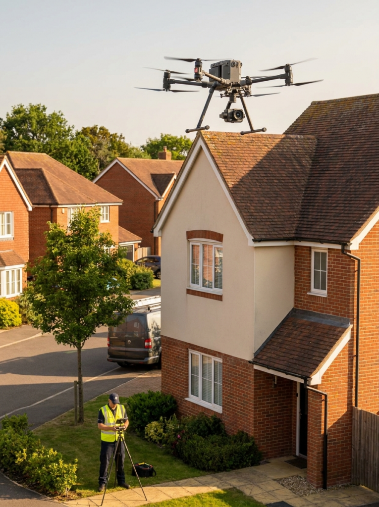 Drone surveys in Rayleigh showing an aerial inspection of a residential property roof and upper elevations.