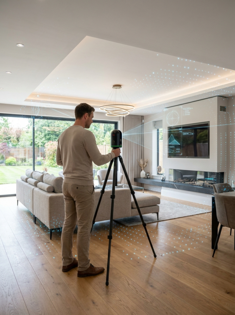 LiDAR measured building surveys in Rayleigh with a surveyor capturing accurate point cloud data inside a property.