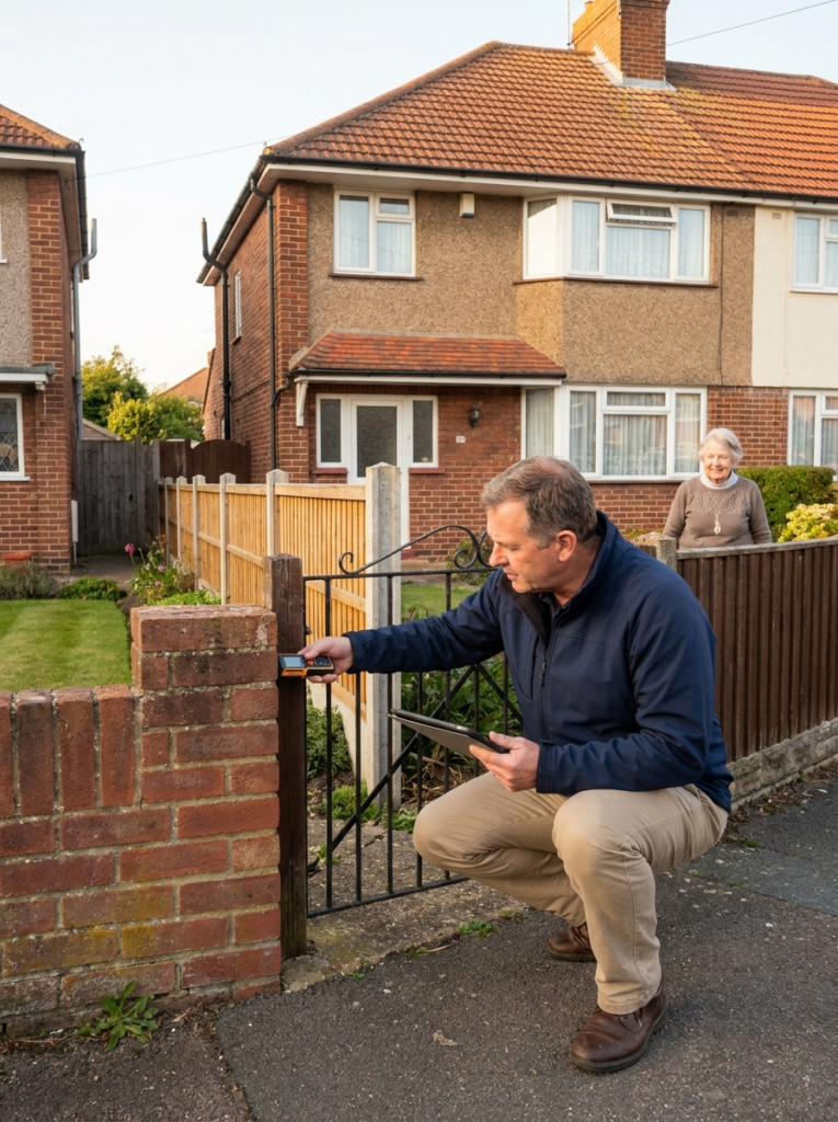Party Wall surveying services in Rayleigh with a surveyor inspecting neighbouring residential properties.