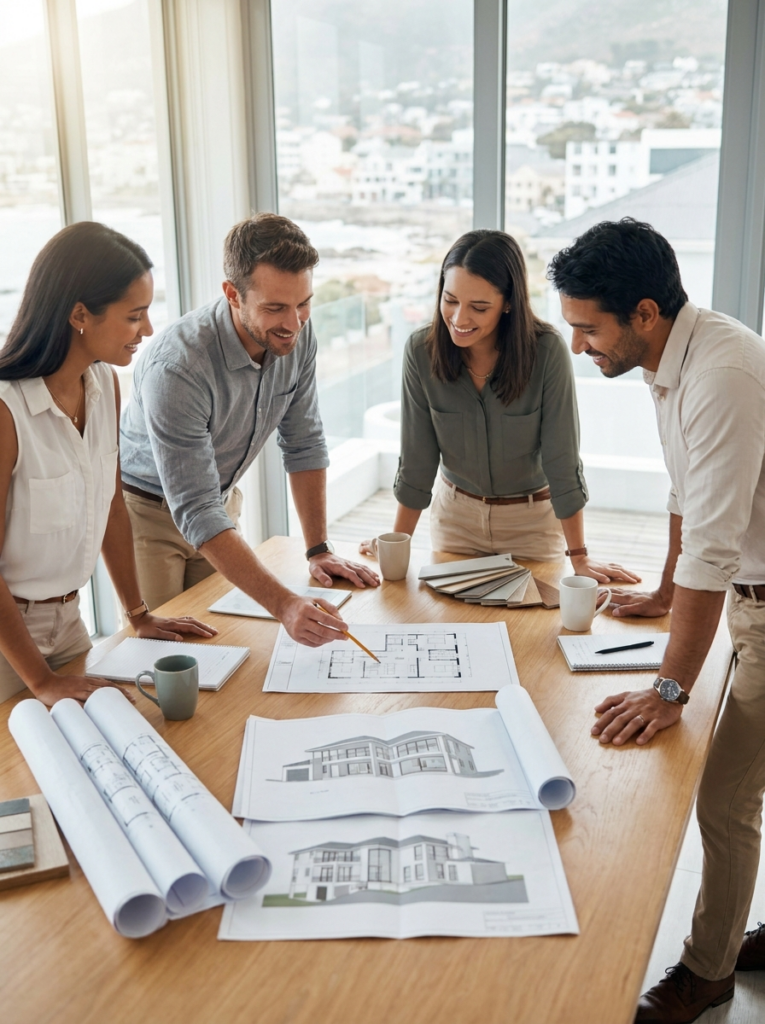 Southend Architect discussing residential plans during a home design meeting.