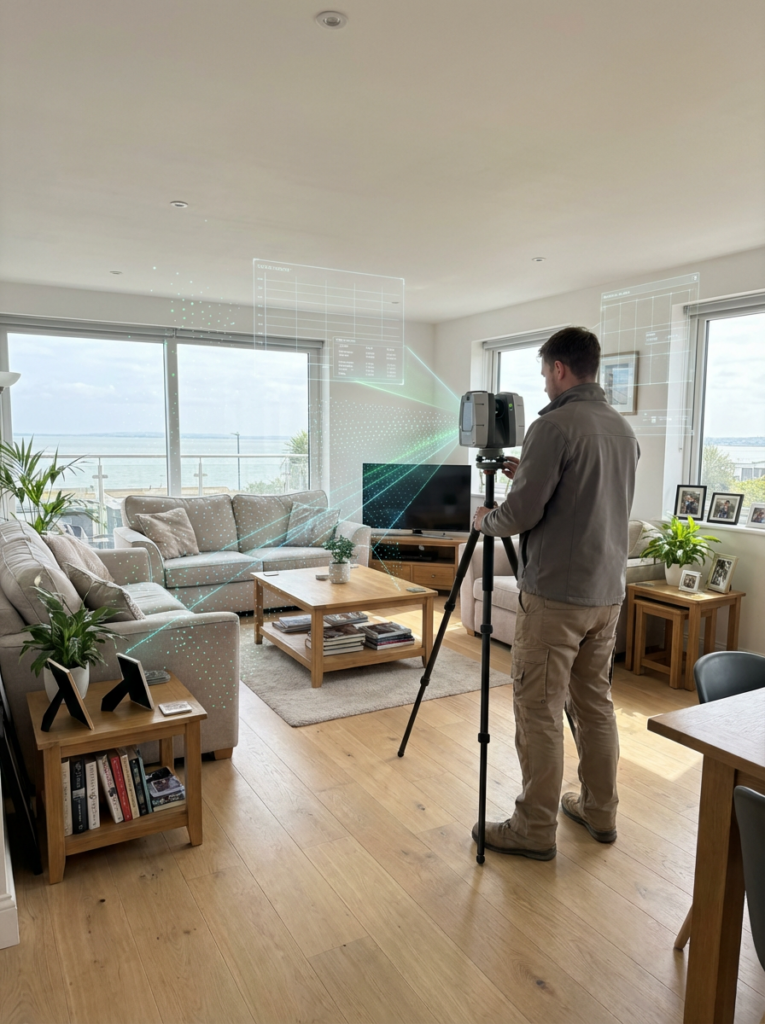Southend Architect carrying out a LiDAR measured survey inside a Southend-on-Sea home