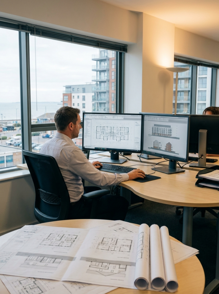 CAD design services in Southend-on-Sea with professional floor plans and elevation drawings in progress.