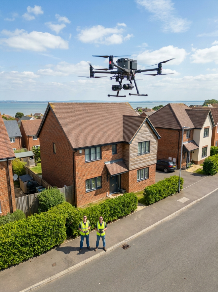 Drone surveys in Southend-on-Sea showing an aerial inspection of a residential property roof and upper elevations.