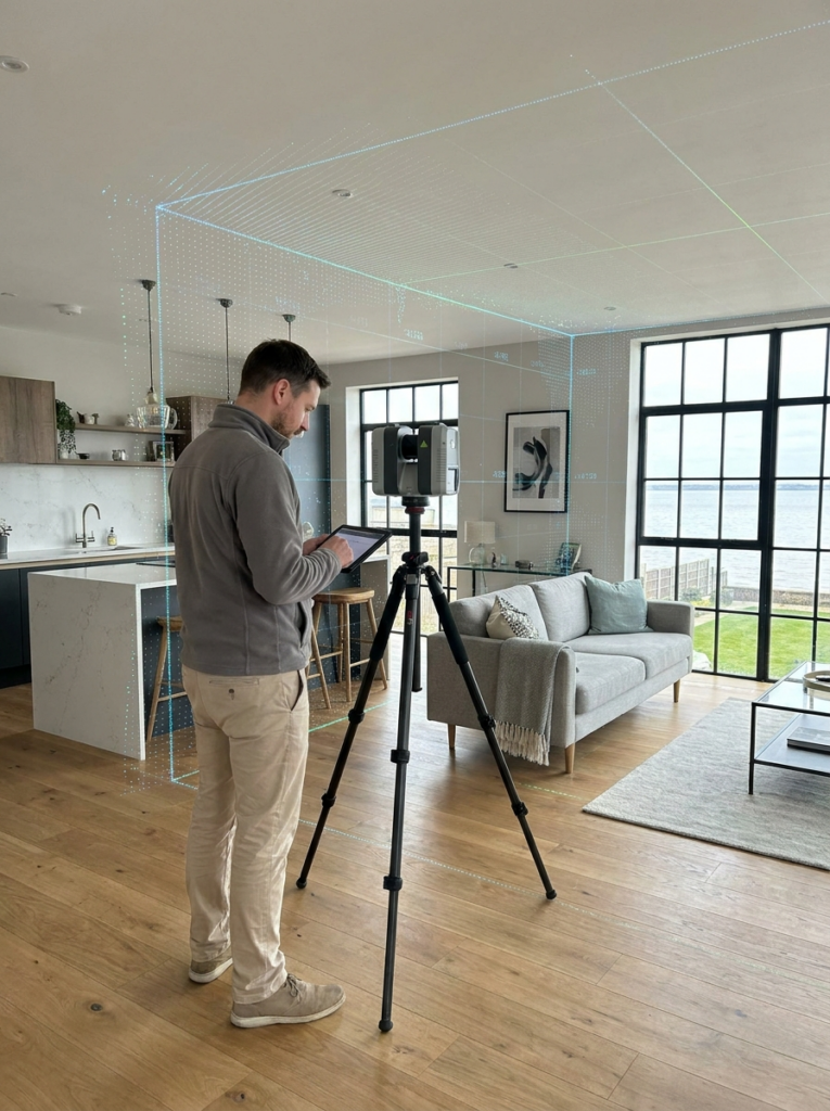 LiDAR measured building surveys in Southend-on-Sea with a surveyor capturing accurate point cloud data inside a property.