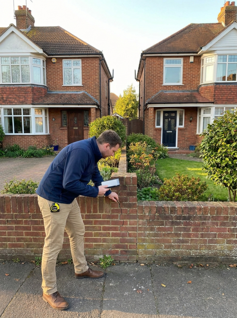 Party Wall surveying services in Southend-on-Sea with a surveyor inspecting neighbouring residential properties.