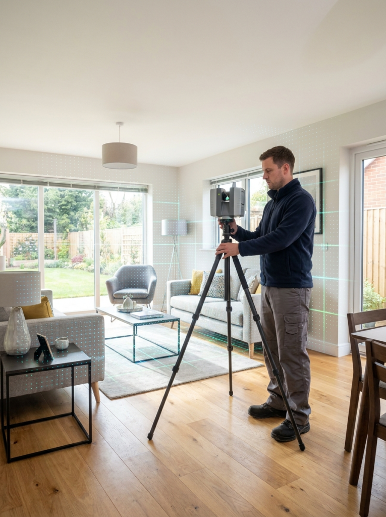 Stanford-le-Hope Architect carrying out a LiDAR measured survey inside a residential property