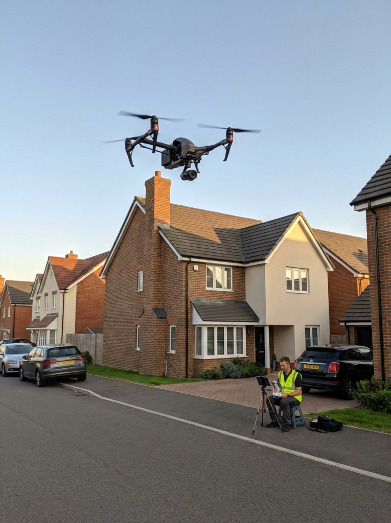 Drone surveys in Stanford-le-Hope showing an aerial inspection of a residential property roof and upper elevations