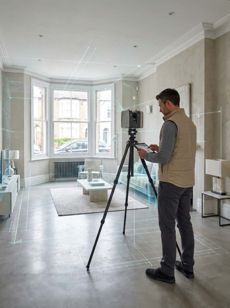 LiDAR measured building surveys in Stanford-le-Hope with a surveyor capturing accurate point cloud data inside a property.
