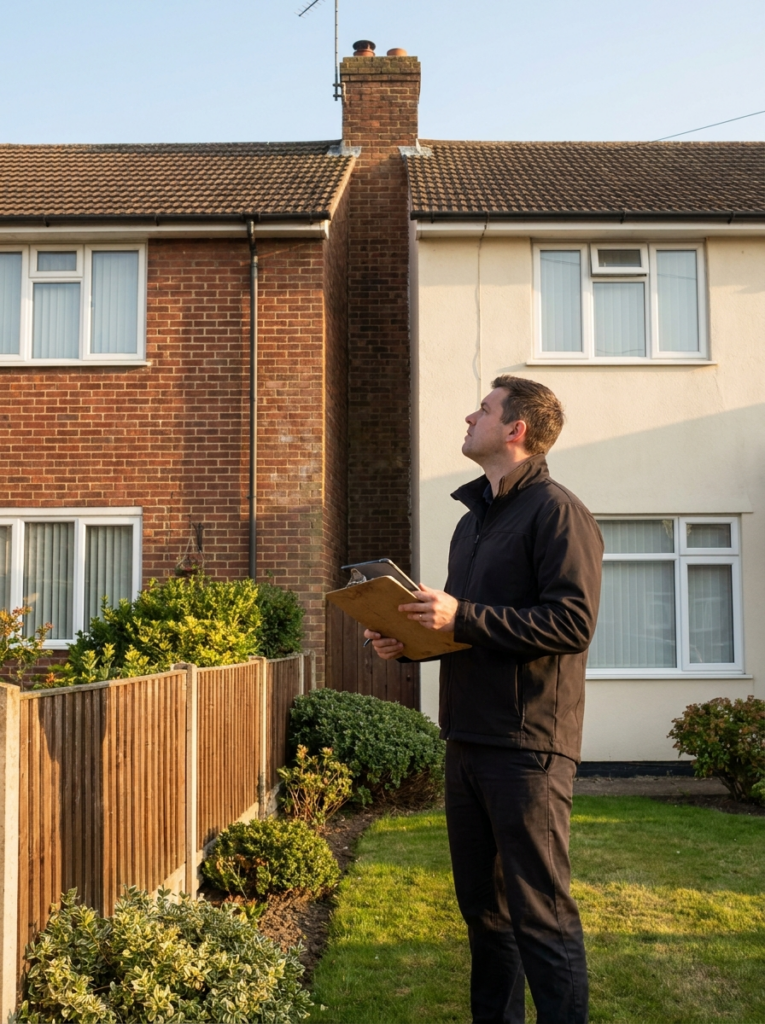 Party Wall surveying services in Stanford-le-Hope with a surveyor inspecting neighbouring residential properties.