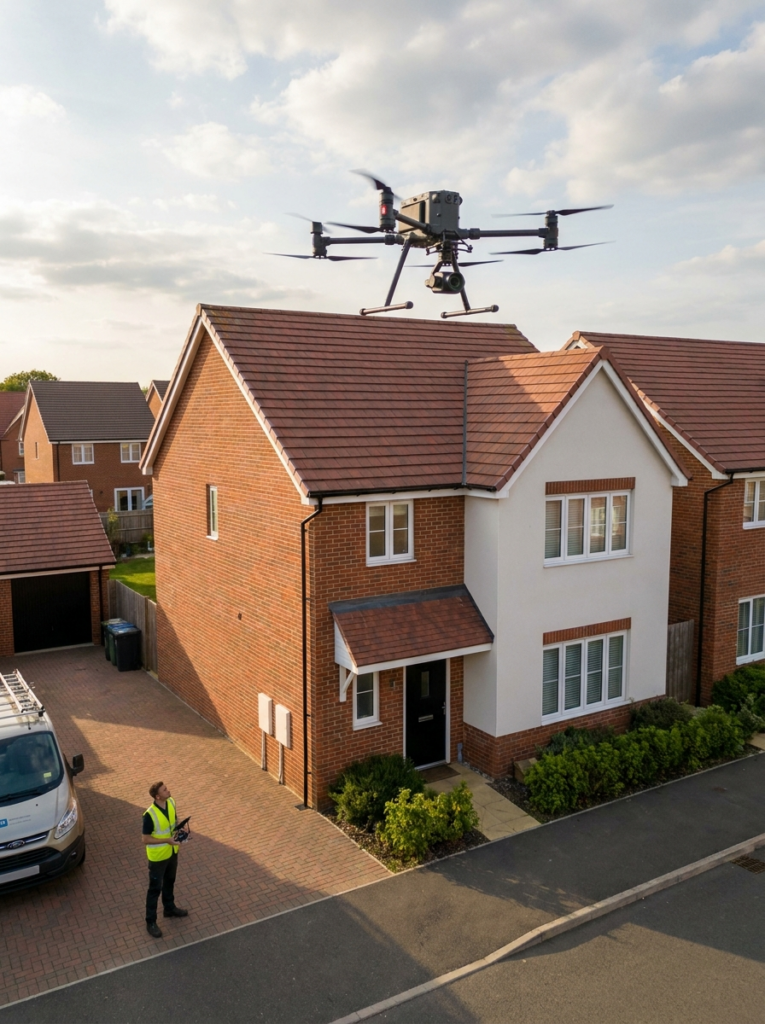 Drone surveys in Wickford showing an aerial inspection of a residential property roof and upper elevations.