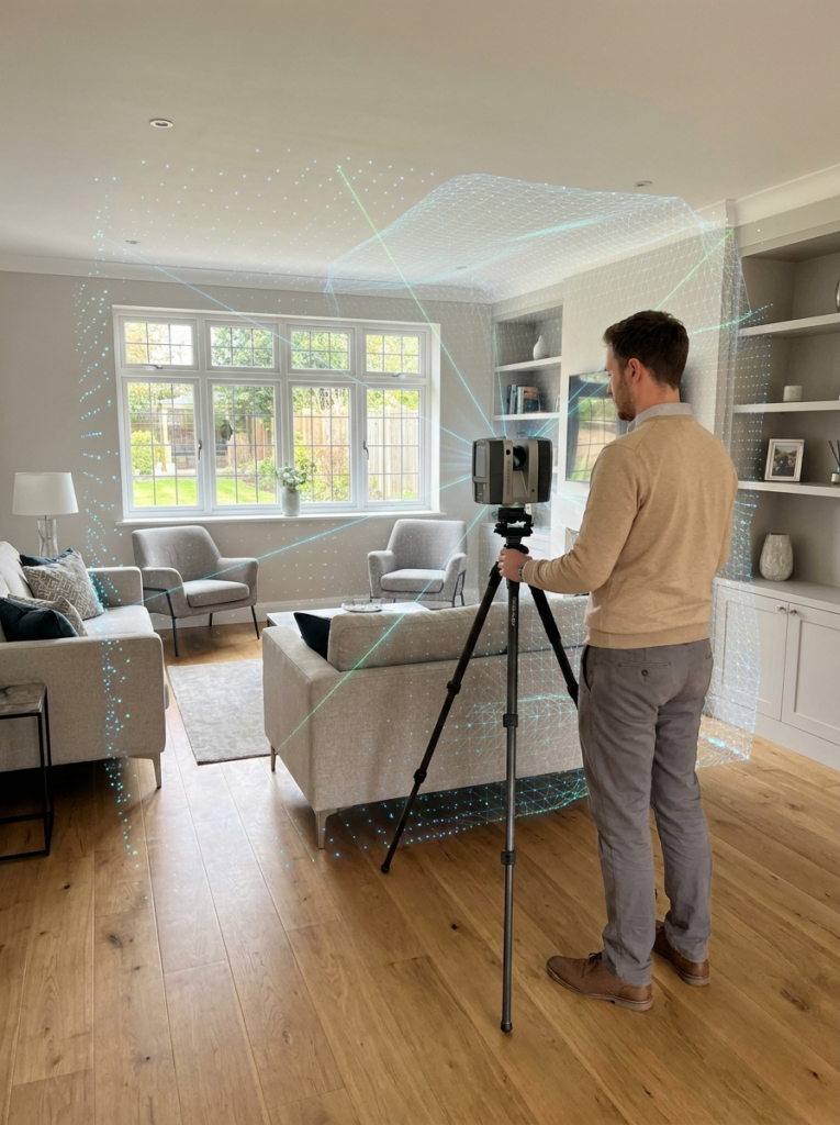 LiDAR measured building surveys in Wickford with a surveyor capturing accurate point cloud data inside a property.