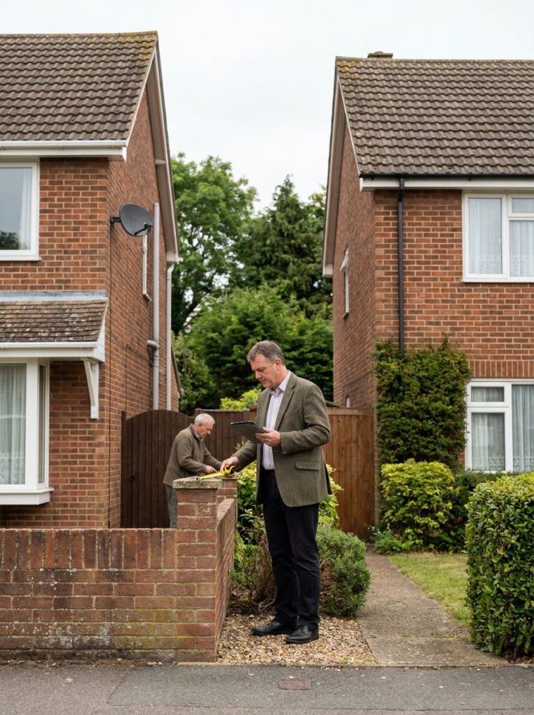 Party Wall surveying services in Wickford with a surveyor inspecting neighbouring residential properties.