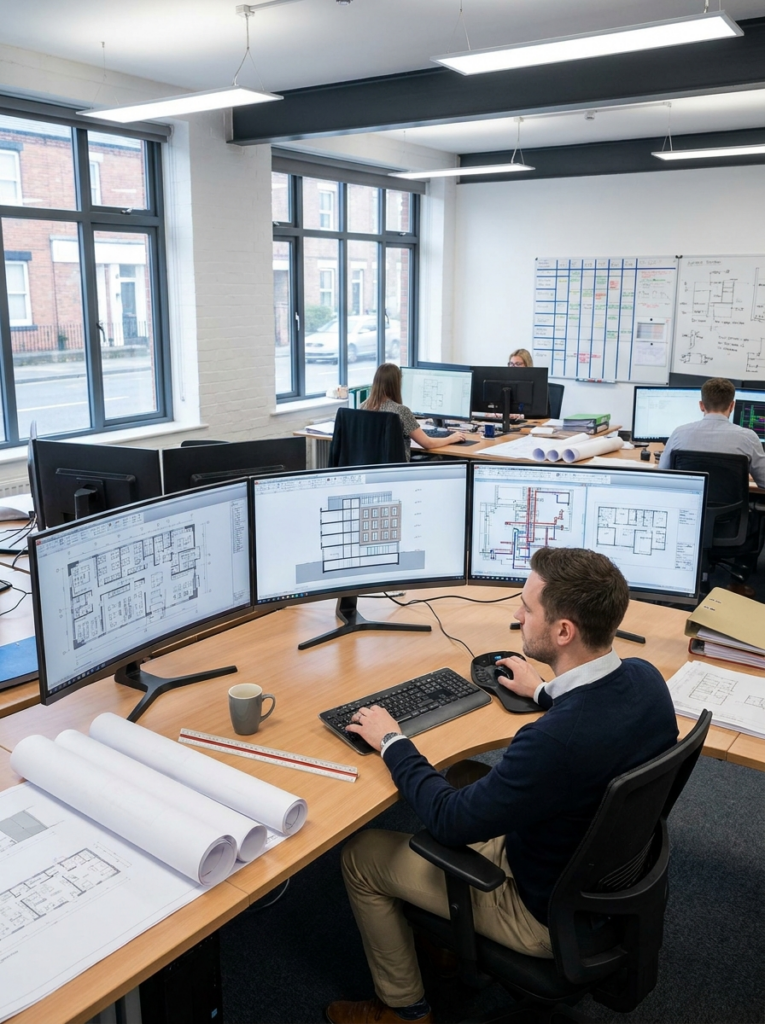 CAD drawing office in Grays producing fit-out drawings floor plans elevations and service layouts.