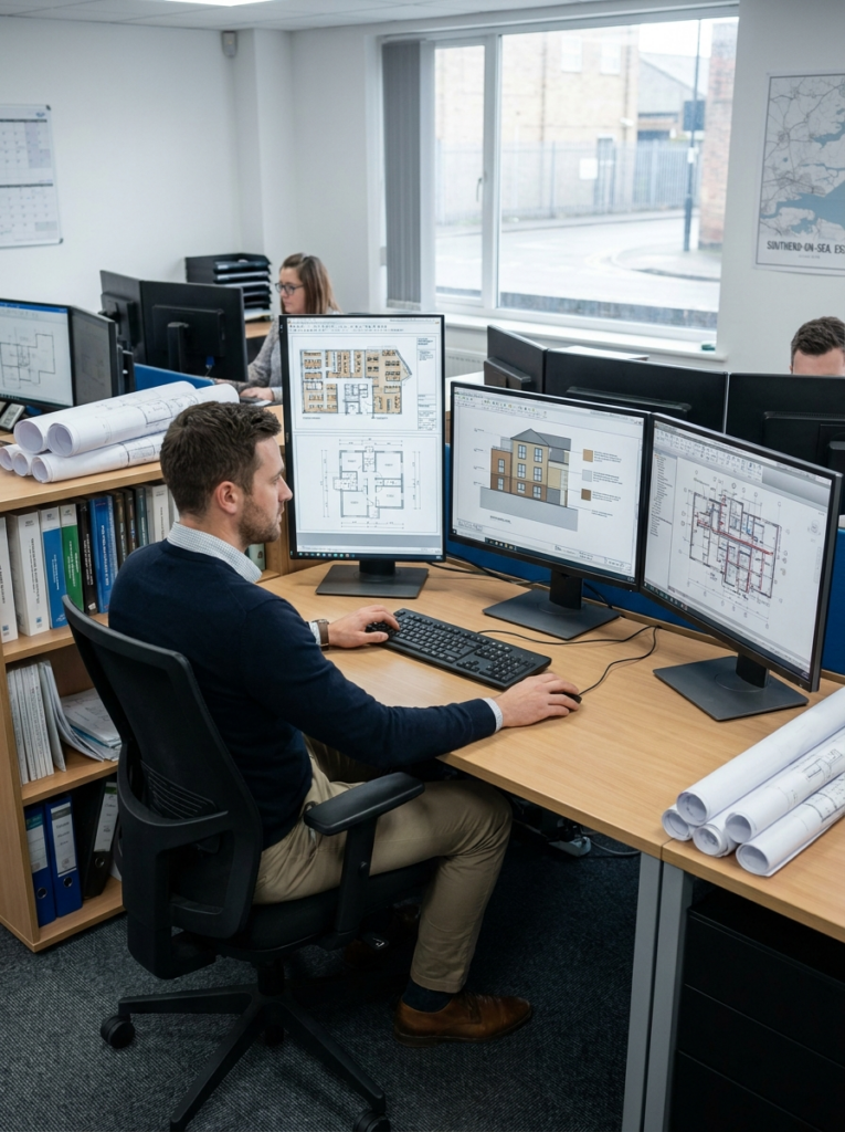 CAD drawing office in Southend-on-Sea producing fit-out drawings floor plans elevations and service layouts.