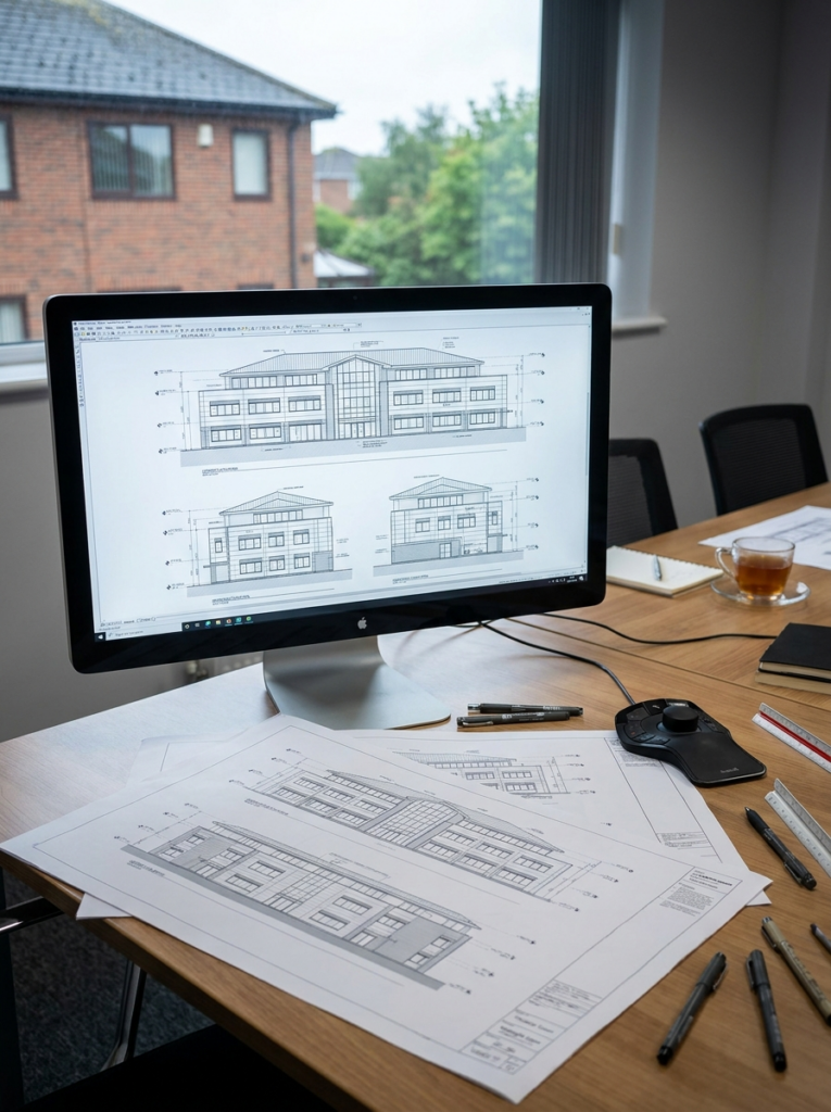 CAD elevation drawings in Rayleigh showing accurate building elevations and drafting work