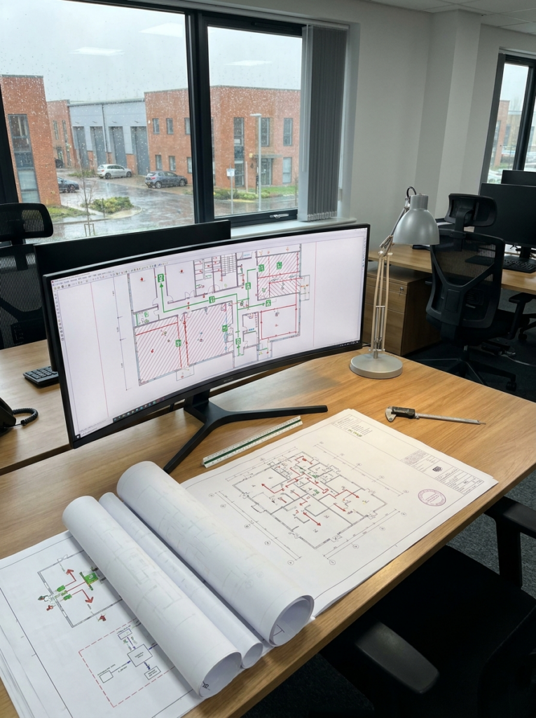 Fire plans in Basildon shown as professionally prepared CAD compliance drawings