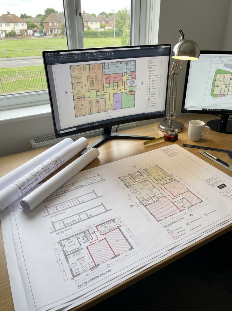 Fire plans in Benfleet shown as professionally prepared CAD compliance drawings.