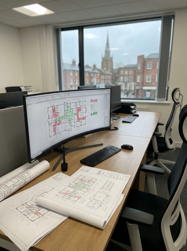 Fire plans in Chelmsford shown as professionally prepared CAD compliance drawings