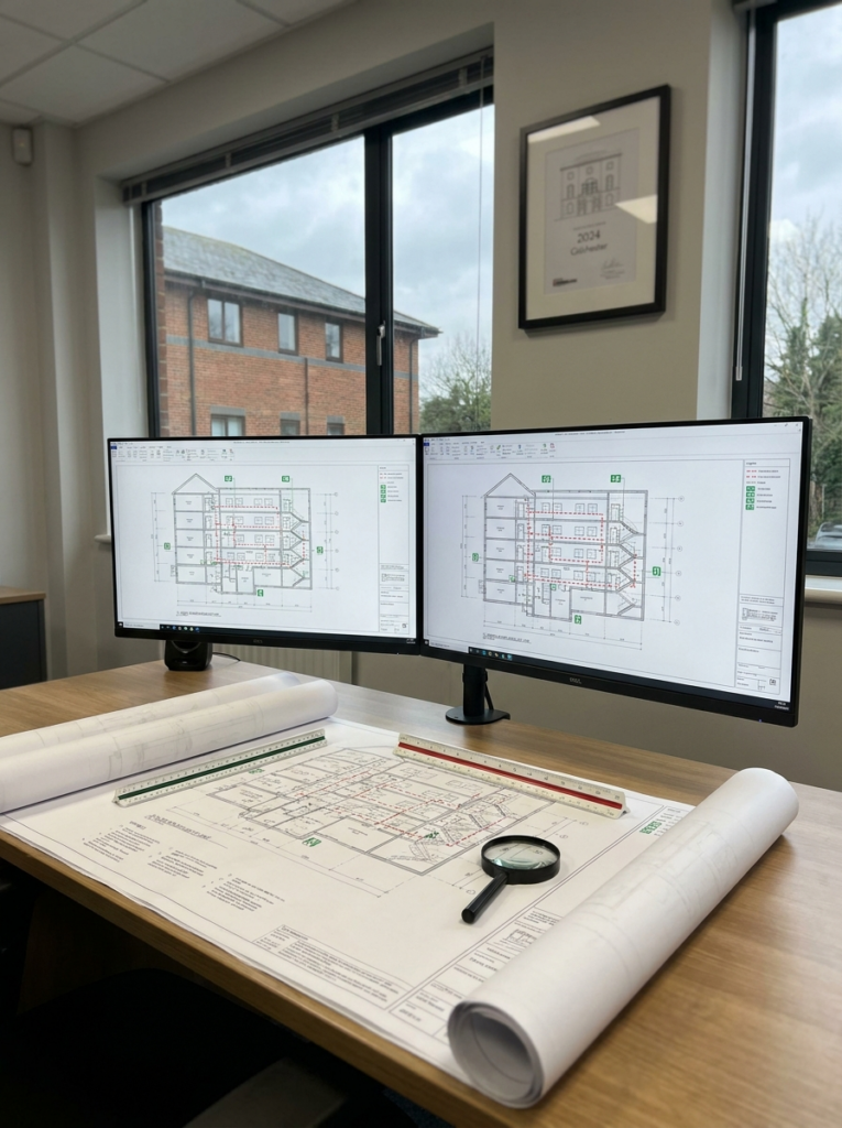 Fire plans in Colchester shown as professionally prepared CAD compliance drawings.