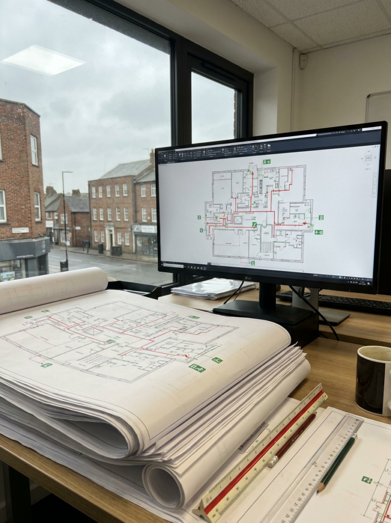 Fire plans in Grays shown as professionally prepared CAD compliance drawings.