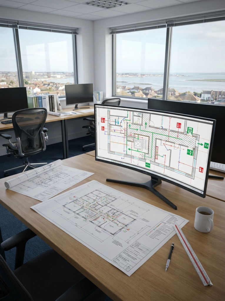 Fire plans in Southend-on-Sea shown as professionally prepared CAD compliance drawings