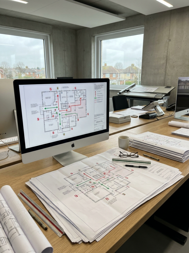 Fire plans in Stanford le Hope shown as professionally prepared CAD compliance drawings.