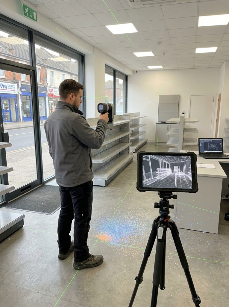 LiDAR measured surveys in Grays capturing accurate commercial building data for CAD drawings.
