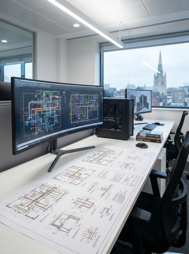 MEP drawings in Chelmsford showing mechanical electrical and plumbing CAD layouts