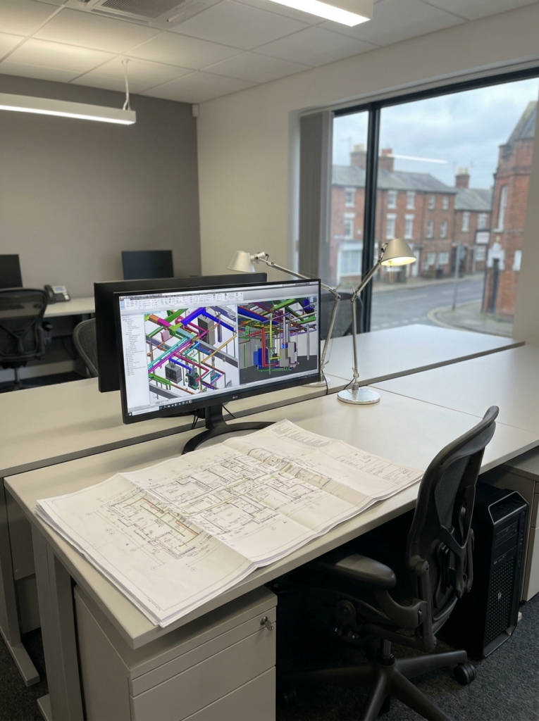 MEP drawings in Colchester showing mechanical electrical and plumbing CAD layouts.