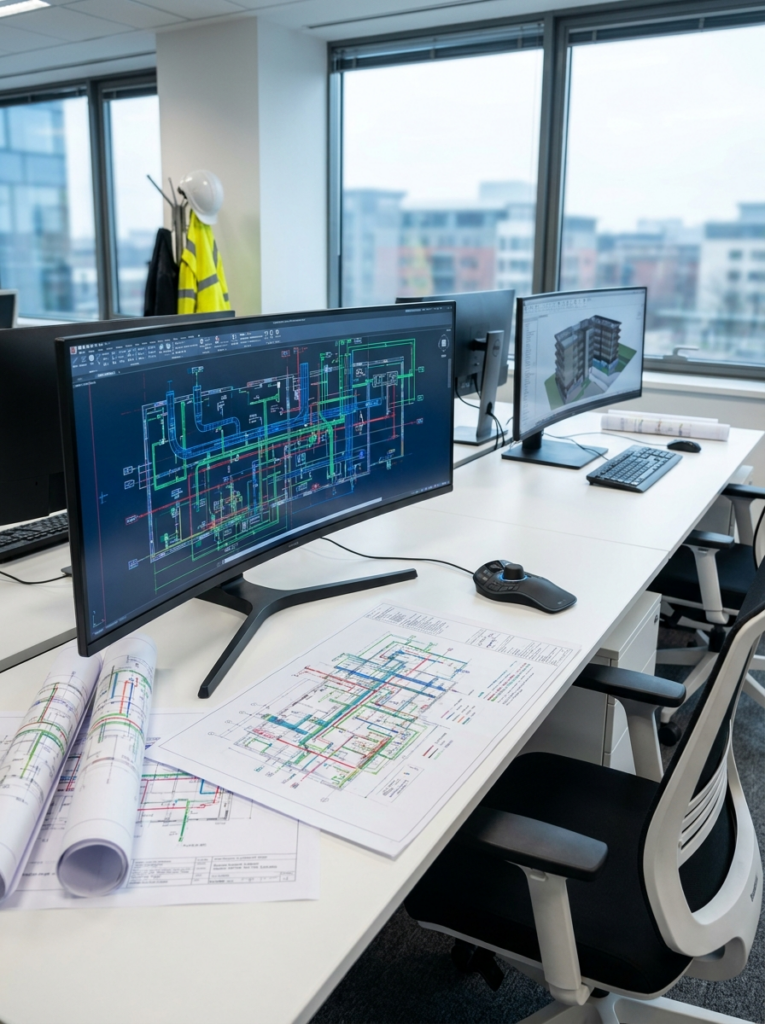 MEP drawings in Grays showing mechanical electrical and plumbing CAD layouts.