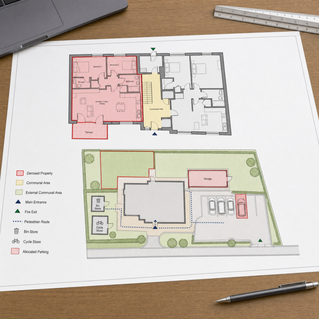 Showing Access, Parking, Stores and External Areas for Land Registry Compliant Plans